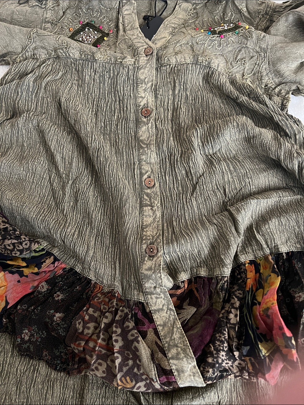 New - Young Threads Olive Embroidered Button-Front Tunic with Multicolor Ruffle - Picture 6 of 6